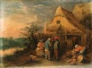 Peasants Drinking And Smoking Outside Farms by Theobald Michau
