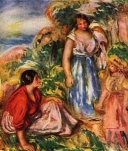 Two women with young girl in a landscape by Pierre Auguste Renoir