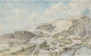 Travelers In A Rocky Landscape 
And Horses Pulling A Wagon In Arocky Landscape: A Double-sided Drawing