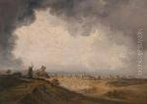 Landschaft In Der Umgebungvon Paris Mit Einer Windmuhle Und Einem Dorf by Georges Michel