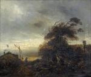 Sturmische Landschaft Mit Hausern Und Bauerin. by Georges Michel