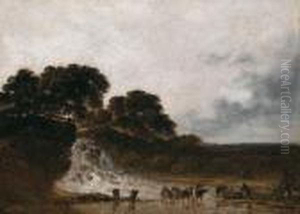 Rolling Countryside With Men Fishing Beside A Waterfall - view 1