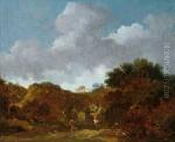 Bewaldete Landschaft Mit Einer
Uberfallenen Wagenkolonne. Ol Auf Leinwand (doubliert). H 36,8; B 45 Cm. - view 1