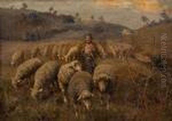 Shepherdess With Flock Of Sheep - view 1