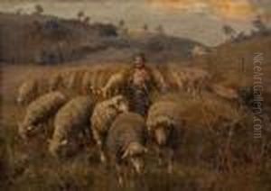 Shepherdess With Flock Of Sheep by Francesco Paolo Michetti