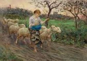 Pastorella Con Gregge by Francesco Paolo Michetti