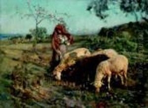 Pastorella Con Pecore by Francesco Paolo Michetti