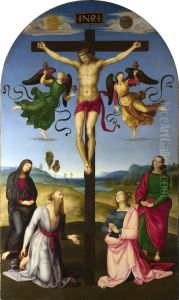 Christ on the Cross with the Virgin, Saint Jerome, Mary Magdalene, and John the Baptist (Citta di Castello Altarpiece) 1502 Christ on the Cross with the Virgin, Saint Jerome, Mary Magdalene, and John the Baptist (Citta di Castello Altarpiece) 1502
