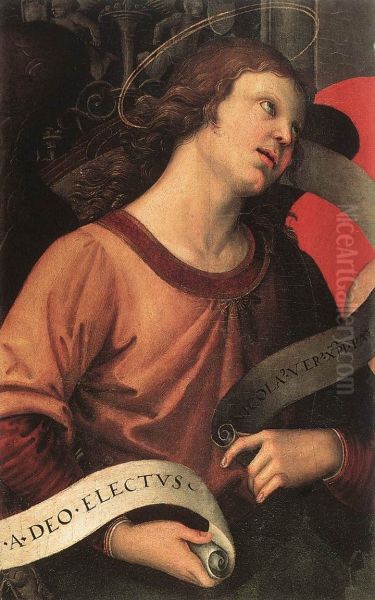 Altarpiece of St. Nicholas of Tolentino (detail of an angel holding and inscription) 1501 - view 1
