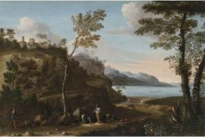 A Wooded Landscape With Peasants Resting On A Track, A Lakebeyond by Jan Miel