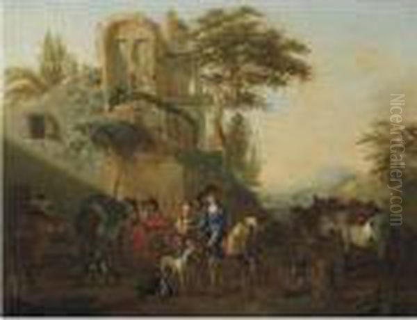 Horsemen Resting Near A Ruin, Accompanied By Their Hounds - view 1
