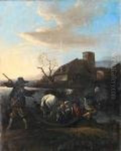 Peasants Boarding A Ferry With A Donkey, A Village In The Distance by Jan Miel