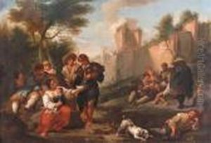 Travellers Resting Outside A City Wall