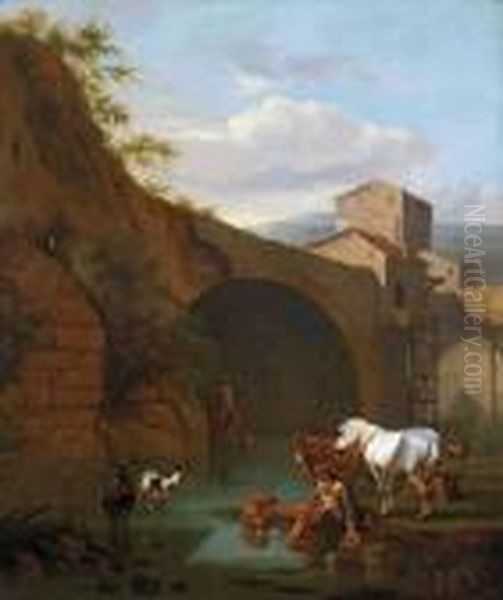 Cavalieri In Sosta E Bestiame Accanto A Un Ponte Nella Campagnaromana - view 1