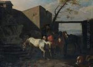 Arret De Cavaliers Devant Unefontaine by Jan Miel