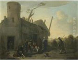 An Outdoor Scene With Peasants Gambling Outside An Inn