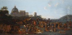 Figures Feasting At A Fair In
Prati, Outside The Walls Of Rome, With The Basilica Di San Pietro And
Monte Mario Beyond by Jan Miel