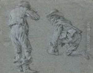 A Standing Man, Seen From Behind, And A Man Kneeling To Tie His Shoelace by Jan Miel