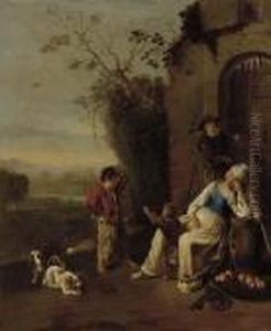 A Peasant Family Resting Before A Ruin In A Landscape by Jan Miel