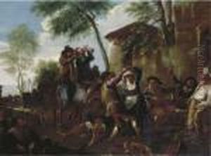 Peasants Dancing The Saltarello By A Farmhouse by Jan Miel