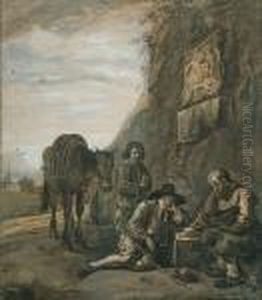 Figures Resting With Their Horse Beside A Path by Jan Miel