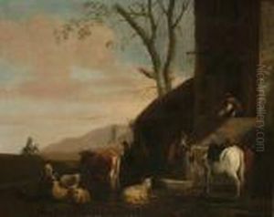 Cattle And Travellers Outside A Village Inn