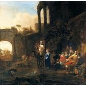 Italianate Landscape With An Elegant Company Making Merry Outside A Tavern