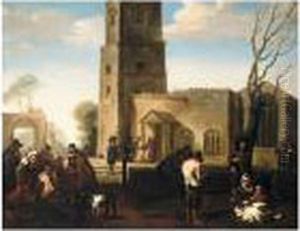 Figures Before A Church Distributing Alms To The Poor by Jan Miel