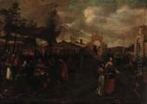 Gentlefolk Feasting In A Courtyard by Jan Miel