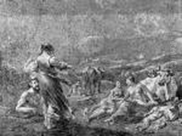 An Extensive Landscape With A Sheperdess Gesturing To A Satyr Andtwo Nymphs - view 1