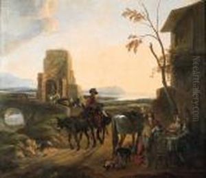 Sosta Di Cavalieri Presso Un Casale Rustico, Con Un Paesaggiomarino Sullo Sfondo Sosta Di Cavalieri Presso Un Casale Rustico, Con Un Paesaggiomarino Sullo Sfondo