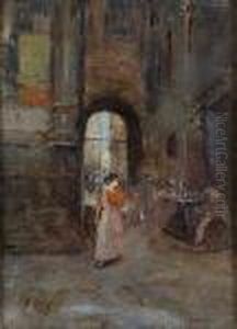 Vicolo A Napoli Con Figura Di Donna by Vincenzo Migliaro