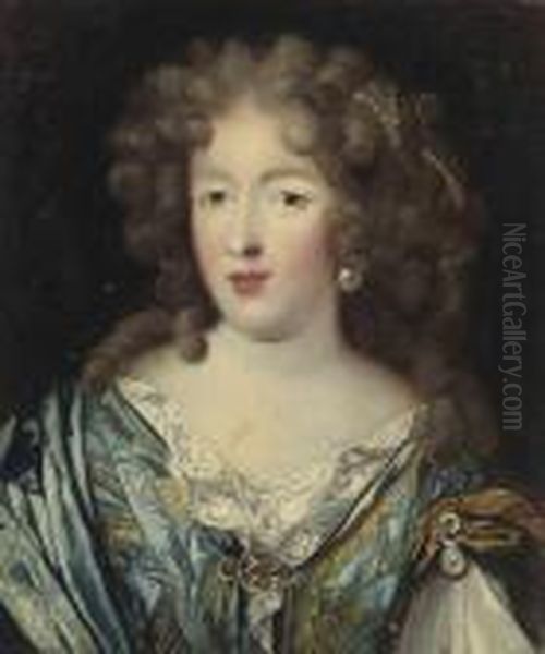 Portrait Of A Lady, Bust-length, In A Blue And Gold Dress, With
Pearl Ornaments In Her Hair - view 1