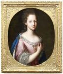 Junge Dame Im Spitzenbesetztem Rosa Seidenkleid Und Hermelingefutterten Blauen Mantel by Pierre Mignard