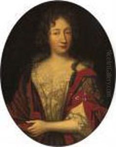 Portrait Of A Lady, Bust-length, In A Red Velvet And Lace Dress by Pierre Mignard