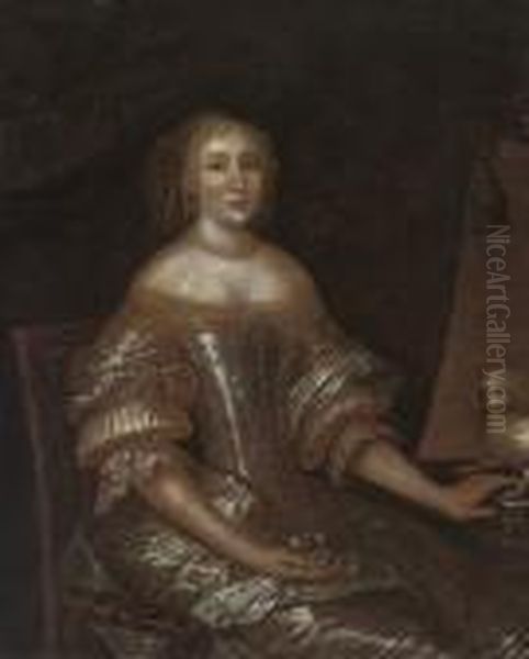 Portrait Of A Lady, Seated,
Three-quarter-length, In An Oyster Satin Dress, Orange Blossom In Her
Right Hand, A Dog To Her Left - view 1