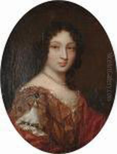 Portrait Of A Lady, Half-length, In A Gold Dress, A Red Wrap And A Pearl Necklace by Pierre Mignard