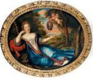 Portrait D'homme Montre Par Un Putto A Une Jeune Femme Dans Un Paysage by Pierre Mignard