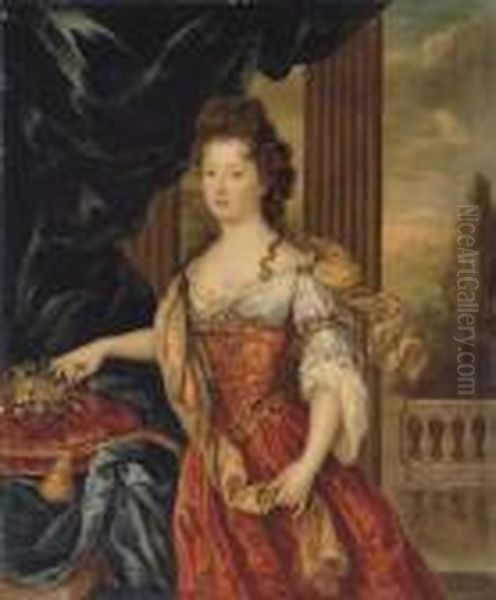 Portrait Of Marie-therese De
Bourbon, Princesse De Conti (1666-1732), Three-quarter-length, Wearing A
Red And Gold Brocade Dress In An Interior, A Mountainous Landscape
Beyond - view 1