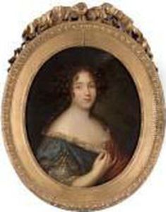 Portrait Of A Lady, Bust-length, In A Blue Dress With Lace Trim And A Brown Wrap by Pierre Mignard