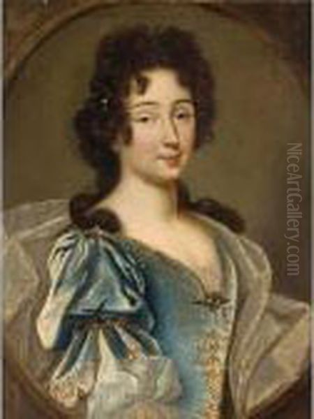 A Portrait Of A Lady, Said To Be
 Princess De Conti(?), Half Length, Wearing A Blue Dress With Golden 
Embroidery And A Silver Cloak, In A Painted Oval - view 1
