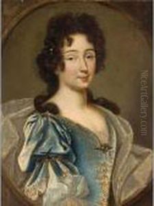 A Portrait Of A Lady, Said To Be
 Princess De Conti(?), Half Length, Wearing A Blue Dress With Golden 
Embroidery And A Silver Cloak, In A Painted Oval by Pierre Mignard