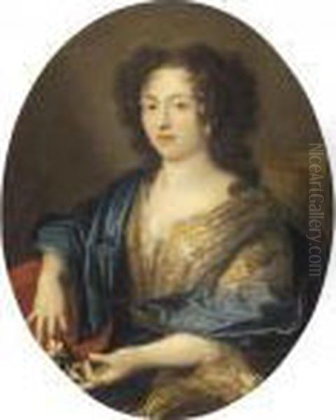 Lady Half Length Wearing A
Richly Embroidered Dress And A Blue Shawl And
Holding A Flower - view 1