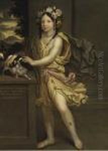 Portrait Of Princess Electrice 
Of Brandenberg, Standingfull-length, Dressed As Flora, With A Spaniel On
 A Ledge To Theside, And An Extensive Landscape Beyond