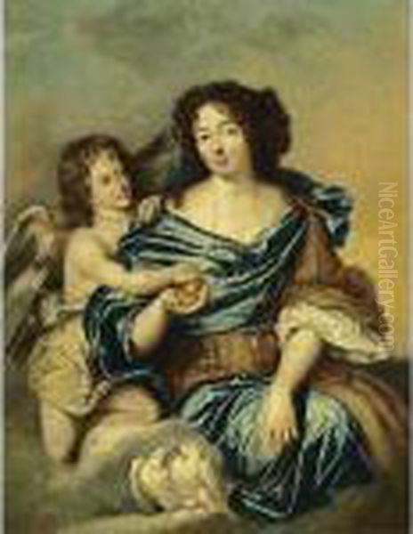 A Portrait Of A Lady As Venus, 
Seated Three-quarter Length, Wearing A Blue Satin Dress With A Gold And 
White Shawl, Holding Paris's Apple, Together With Cupid And Two Doves In
 The Foreground - view 1