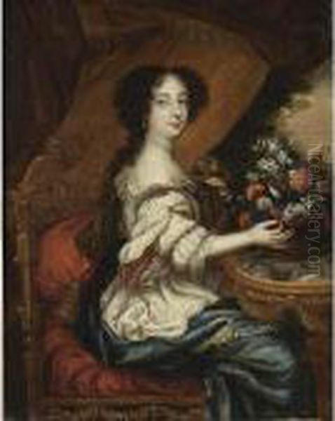 A Portrait Of A Lady, Seated
Three-quarter Lenght, Wearing A White Dress With A Blue Shawl And
Holding A Basket Of Flowers - view 1