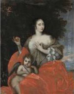A Portrait Of A Lady As Venus, Seated Three-quarter Length, Together With Cupid by Pierre Mignard