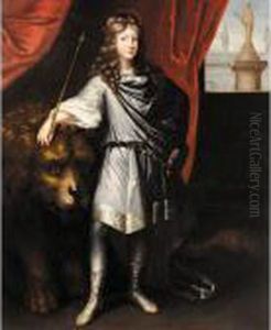 Portrait Of A Young Man, Full-length, Dressed As An Emperor With A Lion By His Side