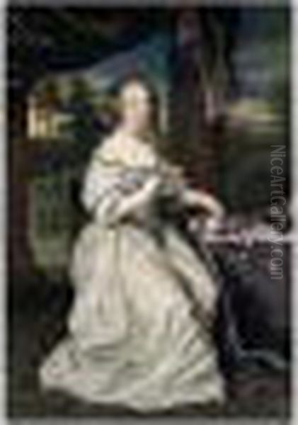 Portrait Of A Young Lady, 
Full-length Seated, Wearing An Ivory And Blue Dress, Holding A Garland 
Of Flowers, Set Within A Portico - view 1