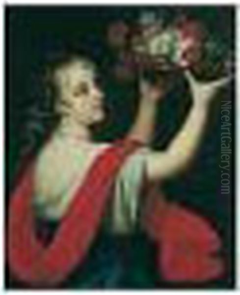 A Portrait Of A Young Lady, Half Length, Holding Up A Basket Of Flowers - view 1